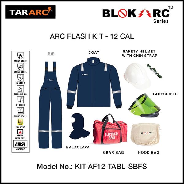 Arc Flash Kit (Men), Arc Rating: 12 Cal/Cm² , HRC2 (Bib, 32″ Coat, Faceshield, Hard Hat & Balaclava)