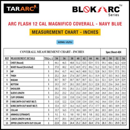 TARARC_MAGNIFICO_BLOKARC™_SERIES_ARC_FLASH_12_CAL_COVERALL_MEASUREMENT_CHART_INCHES