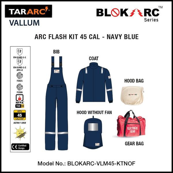 Vallum Arc Flash Kit (Men), Arc Rating: 45 Cal/Cm² , HRC 4 (Bib, 32″ Coat, Hood)